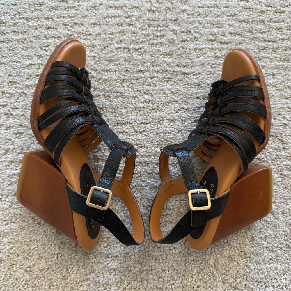 Kork-Ease PEPPER Black Leather BLOCK Heel‎ Sandals Multi T-Strap WOMEN 7